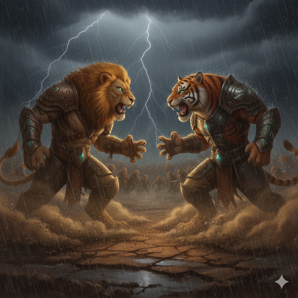 Dramatic scene of the battle during a thunderstorm, lightning illuminating fighting lions and tigers, rain pouring down